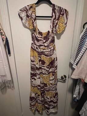 Anthropologie White, Yellow & Brown Animal-Print Midi Dress